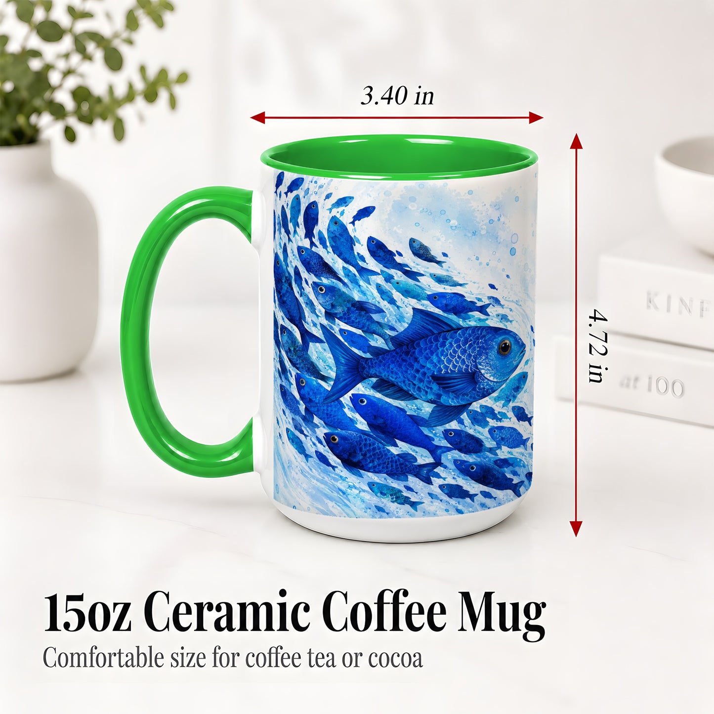 #pl[15oz|Green] Blue Fish School Ceramic Mug, Watercolor Ocean Art for Fish Fans