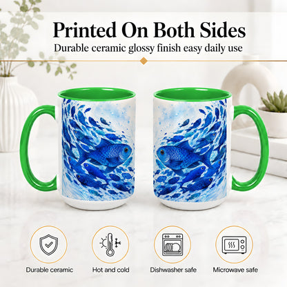 #pl[15oz|Green] Blue Fish School Ceramic Mug, Watercolor Ocean Art for Fish Fans