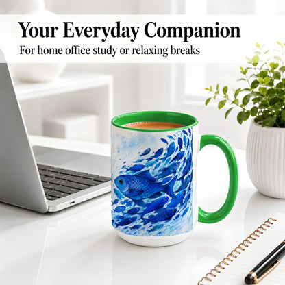 #pl[15oz|Green] Blue Fish School Ceramic Mug, Watercolor Ocean Art for Fish Fans