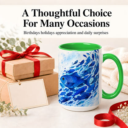 #pl[15oz|Green] Blue Fish School Ceramic Mug, Watercolor Ocean Art for Fish Fans