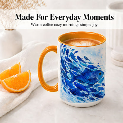#pl[15oz|Orange] Blue Fish School Ceramic Mug, Watercolor Ocean Art for Fish Fans