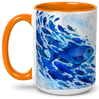 #pl[15oz|Orange] Blue Fish School Ceramic Mug, Watercolor Ocean Art for Fish Fans