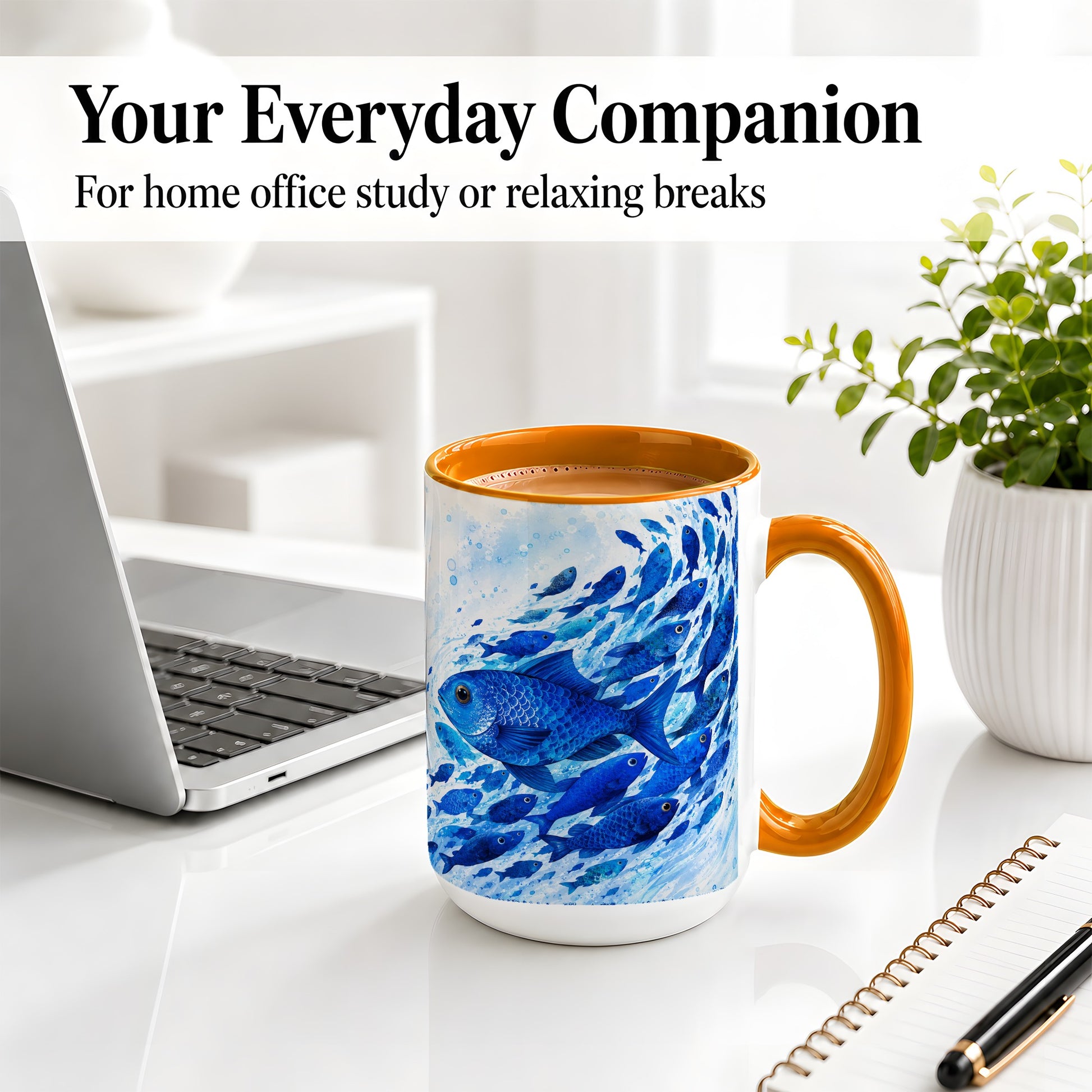 #pl[15oz|Orange] Blue Fish School Ceramic Mug, Watercolor Ocean Art for Fish Fans
