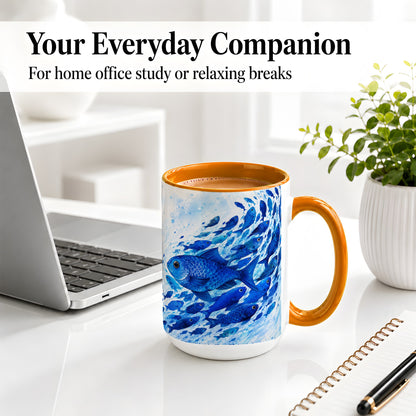 #pl[15oz|Orange] Blue Fish School Ceramic Mug, Watercolor Ocean Art for Fish Fans