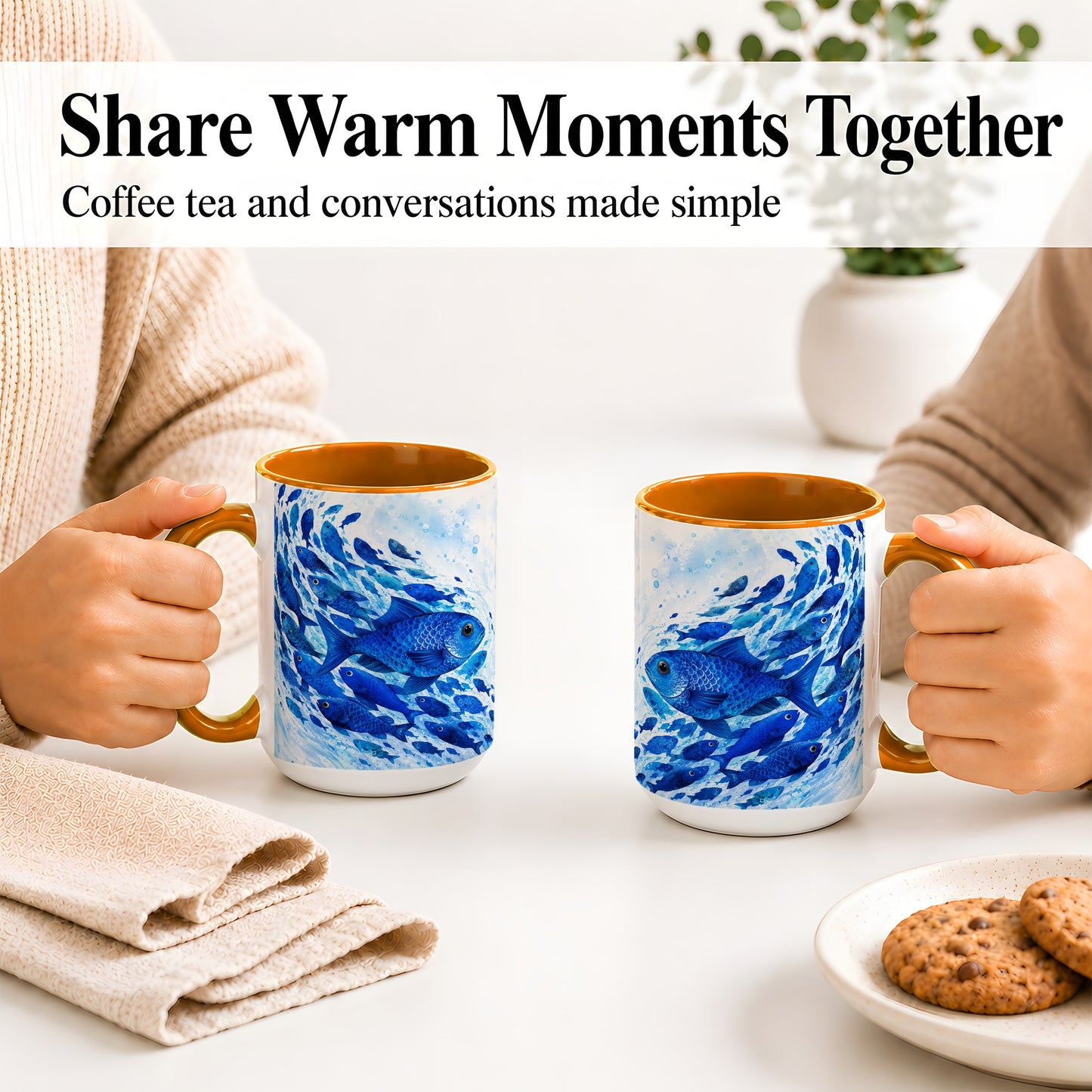 #pl[15oz|Orange] Blue Fish School Ceramic Mug, Watercolor Ocean Art for Fish Fans