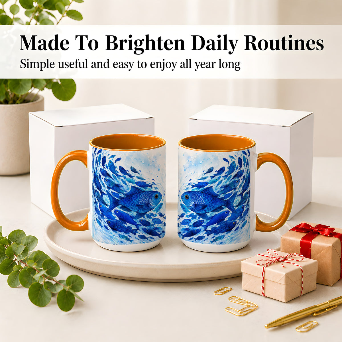 #pl[15oz|Orange] Blue Fish School Ceramic Mug, Watercolor Ocean Art for Fish Fans