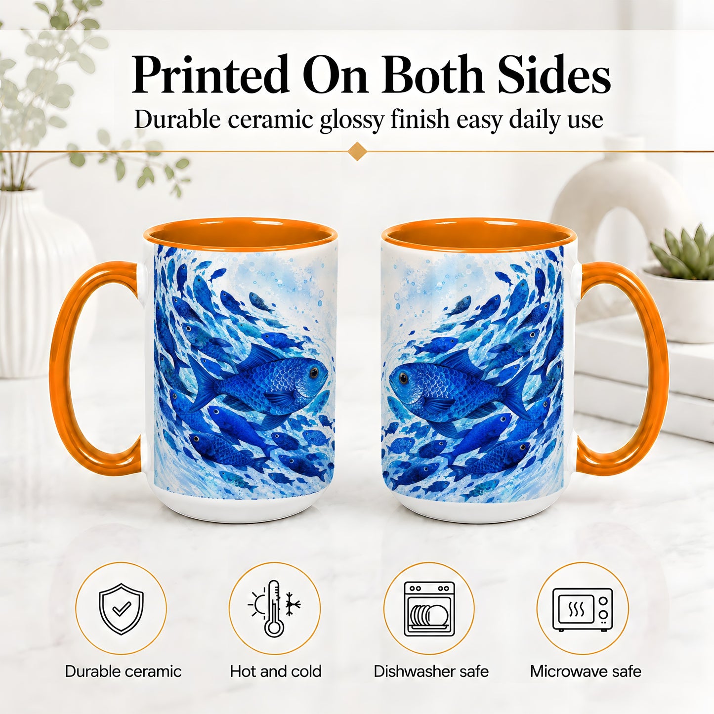 #pl[15oz|Orange] Blue Fish School Ceramic Mug, Watercolor Ocean Art for Fish Fans