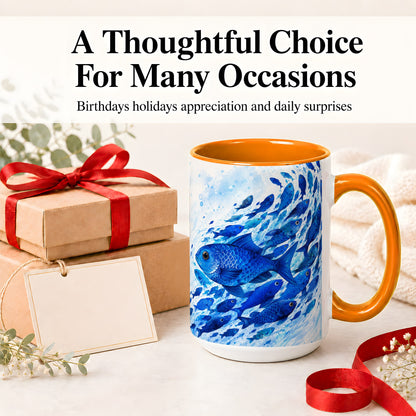 #pl[15oz|Orange] Blue Fish School Ceramic Mug, Watercolor Ocean Art for Fish Fans