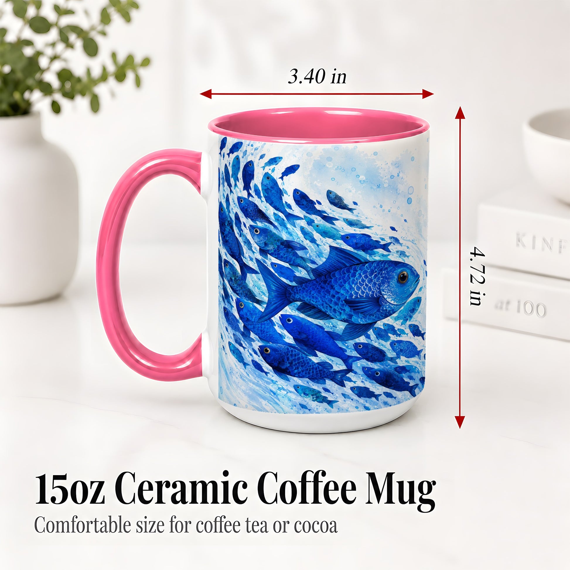 #pl[15oz|Pink] Blue Fish School Ceramic Mug, Watercolor Ocean Art for Fish Fans