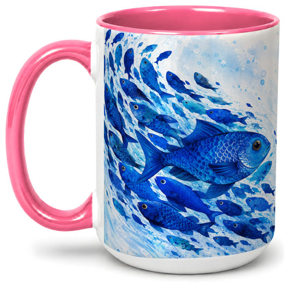 #pl[15oz|Pink] Blue Fish School Ceramic Mug, Watercolor Ocean Art for Fish Fans
