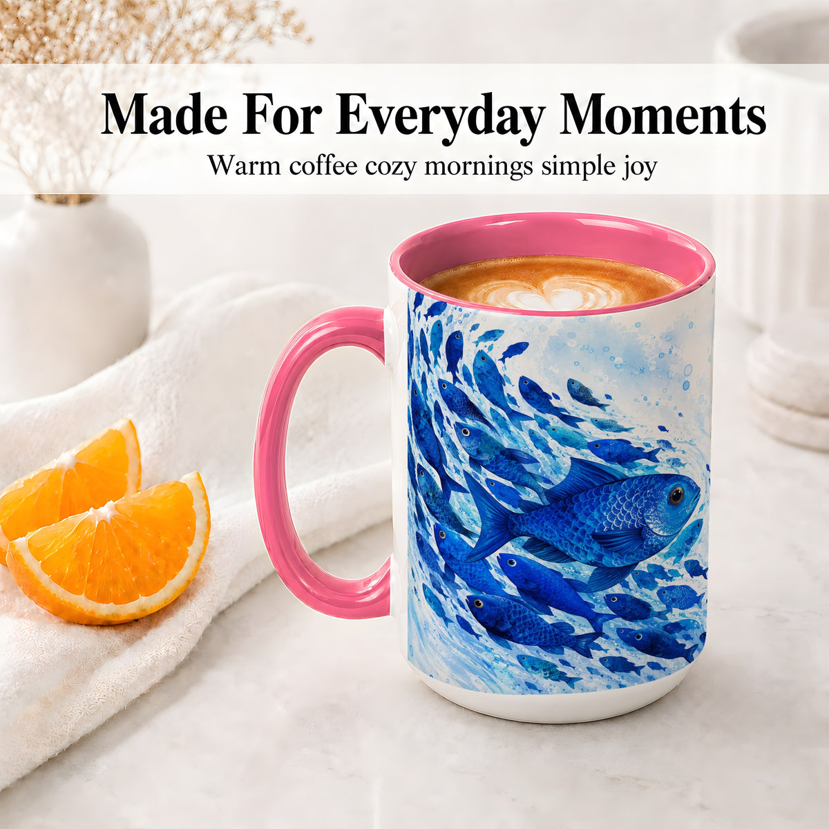 #pl[15oz|Pink] Blue Fish School Ceramic Mug, Watercolor Ocean Art for Fish Fans