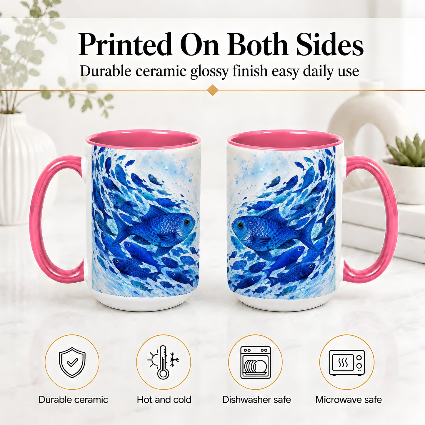 #pl[15oz|Pink] Blue Fish School Ceramic Mug, Watercolor Ocean Art for Fish Fans