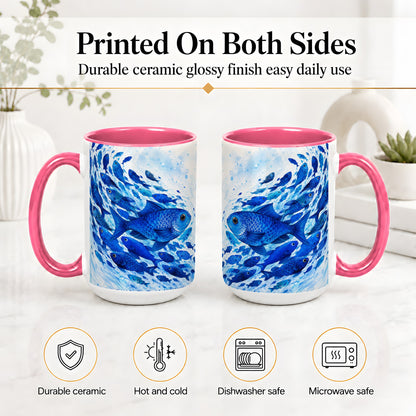 #pl[15oz|Pink] Blue Fish School Ceramic Mug, Watercolor Ocean Art for Fish Fans