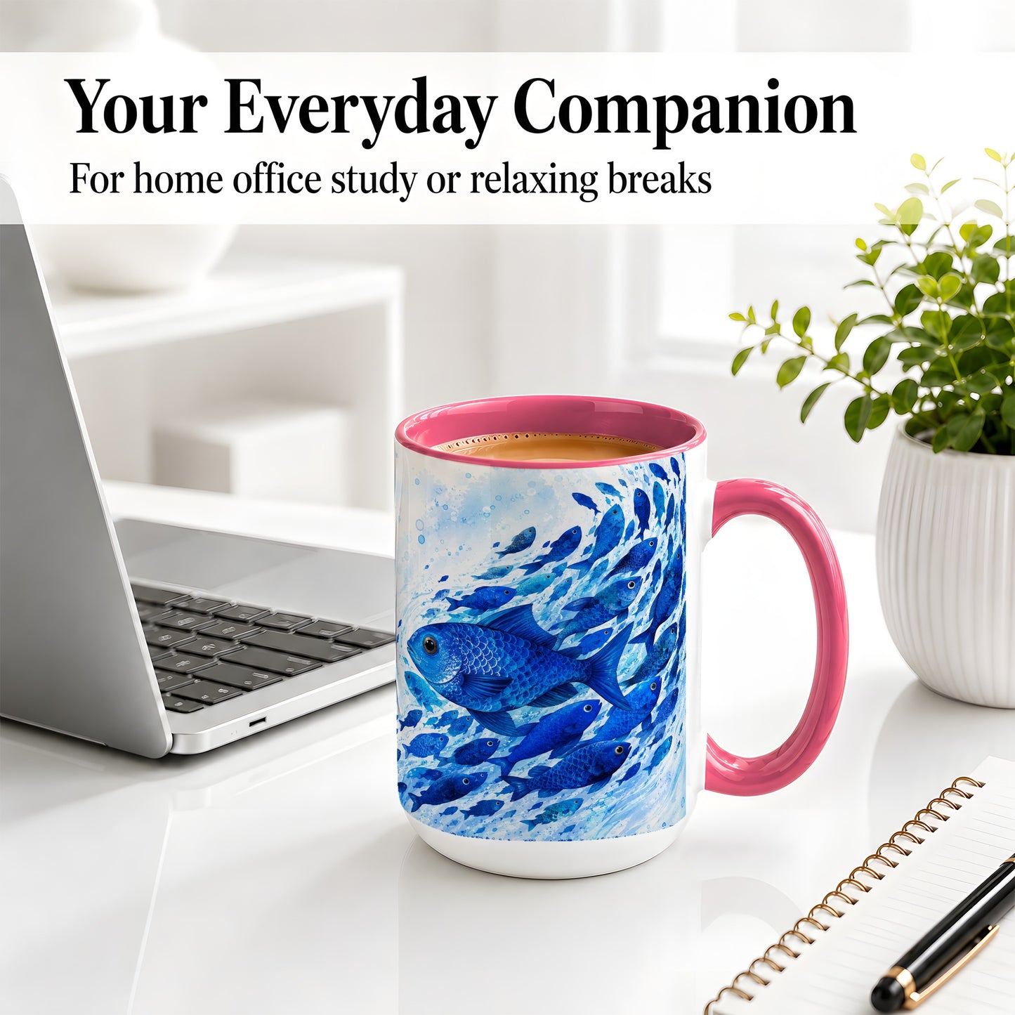 #pl[15oz|Pink] Blue Fish School Ceramic Mug, Watercolor Ocean Art for Fish Fans