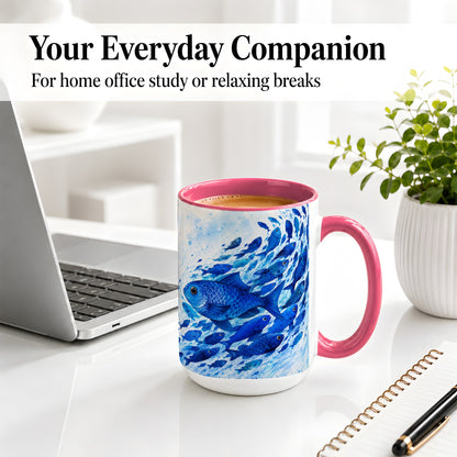 #pl[15oz|Pink] Blue Fish School Ceramic Mug, Watercolor Ocean Art for Fish Fans