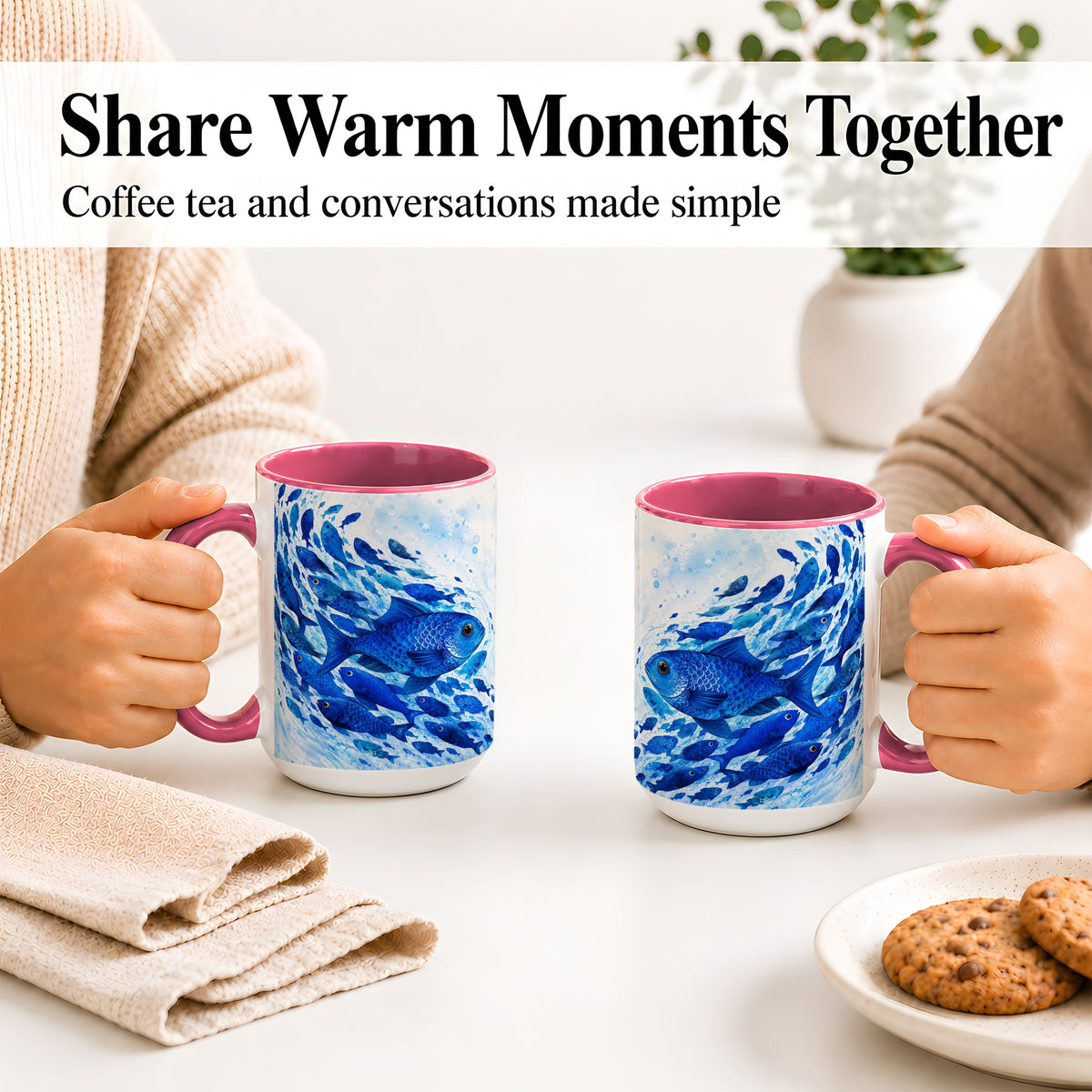 #pl[15oz|Pink] Blue Fish School Ceramic Mug, Watercolor Ocean Art for Fish Fans