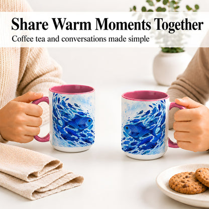#pl[15oz|Pink] Blue Fish School Ceramic Mug, Watercolor Ocean Art for Fish Fans