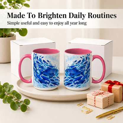 #pl[15oz|Pink] Blue Fish School Ceramic Mug, Watercolor Ocean Art for Fish Fans