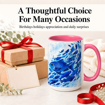 #pl[15oz|Pink] Blue Fish School Ceramic Mug, Watercolor Ocean Art for Fish Fans
