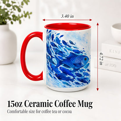 #pl[15oz|Red] Blue Fish School Ceramic Mug, Watercolor Ocean Art for Fish Fans