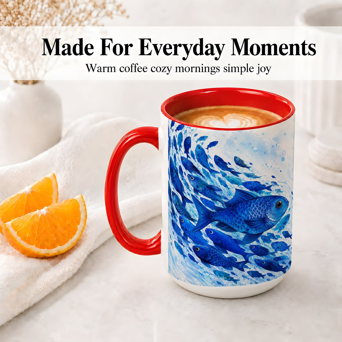 #pl[15oz|Red] Blue Fish School Ceramic Mug, Watercolor Ocean Art for Fish Fans