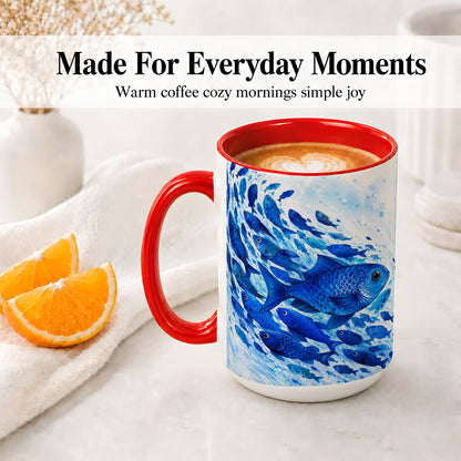 #pl[15oz|Red] Blue Fish School Ceramic Mug, Watercolor Ocean Art for Fish Fans