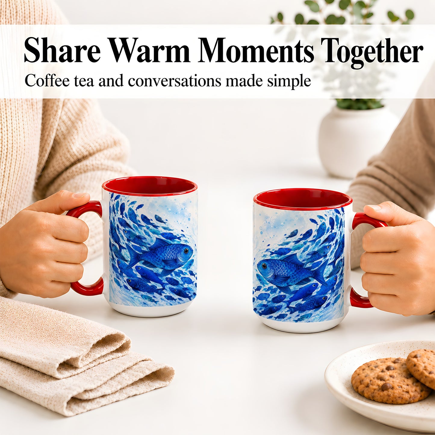 #pl[15oz|Red] Blue Fish School Ceramic Mug, Watercolor Ocean Art for Fish Fans