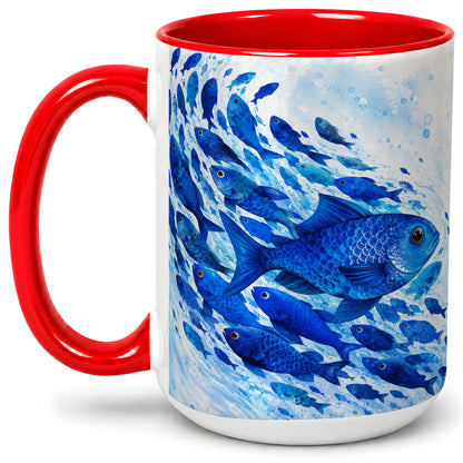 #pl[15oz|Red] Blue Fish School Ceramic Mug, Watercolor Ocean Art for Fish Fans