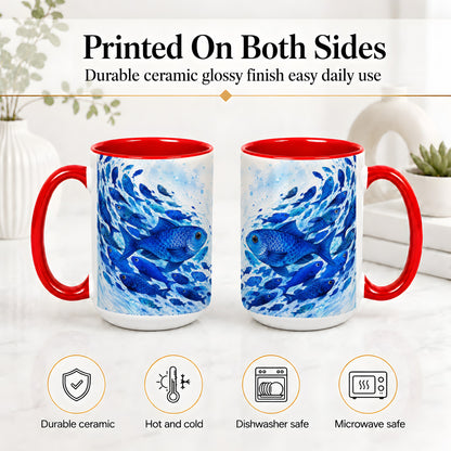 #pl[15oz|Red] Blue Fish School Ceramic Mug, Watercolor Ocean Art for Fish Fans