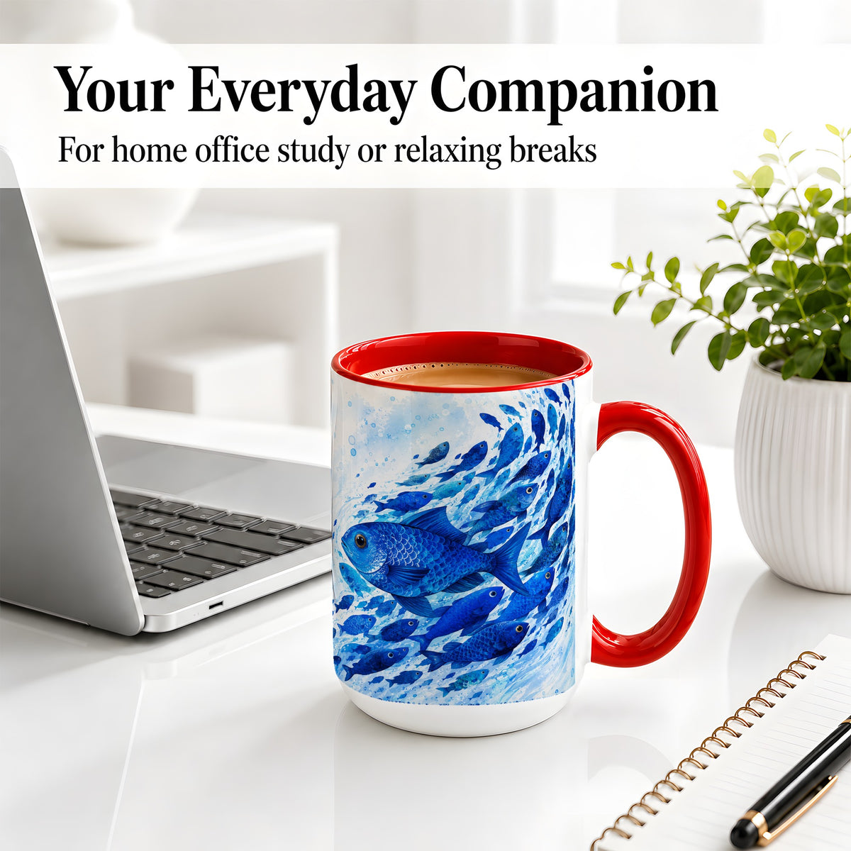 #pl[15oz|Red] Blue Fish School Ceramic Mug, Watercolor Ocean Art for Fish Fans