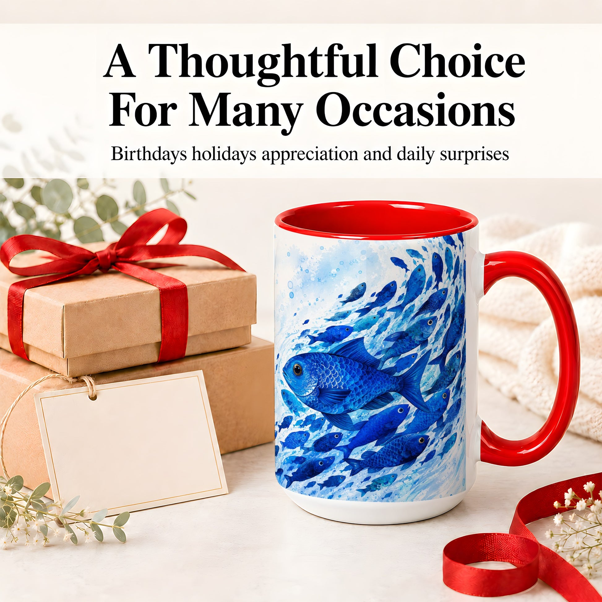 #pl[15oz|Red] Blue Fish School Ceramic Mug, Watercolor Ocean Art for Fish Fans