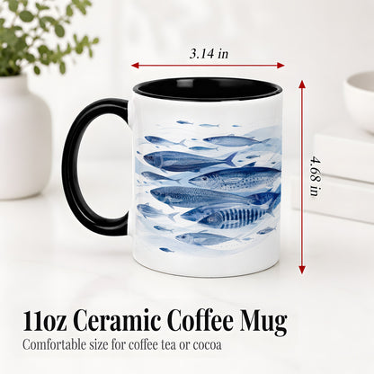 #pl[11oz|Black] Blue Fish Ceramic Mug, Minimal Watercolor Ocean Art for Fish Fans