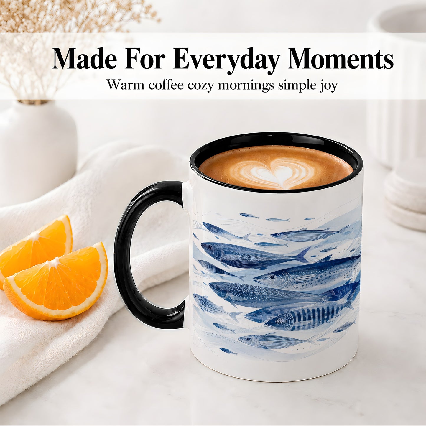 #pl[11oz|Black] Blue Fish Ceramic Mug, Minimal Watercolor Ocean Art for Fish Fans