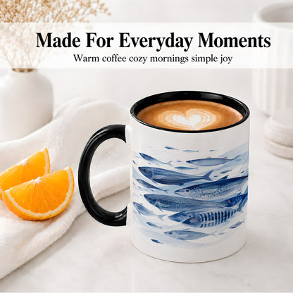 #pl[11oz|Black] Blue Fish Ceramic Mug, Minimal Watercolor Ocean Art for Fish Fans