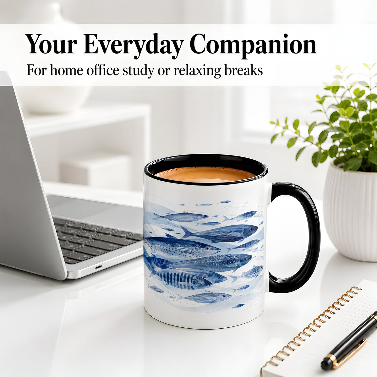 #pl[11oz|Black] Blue Fish Ceramic Mug, Minimal Watercolor Ocean Art for Fish Fans