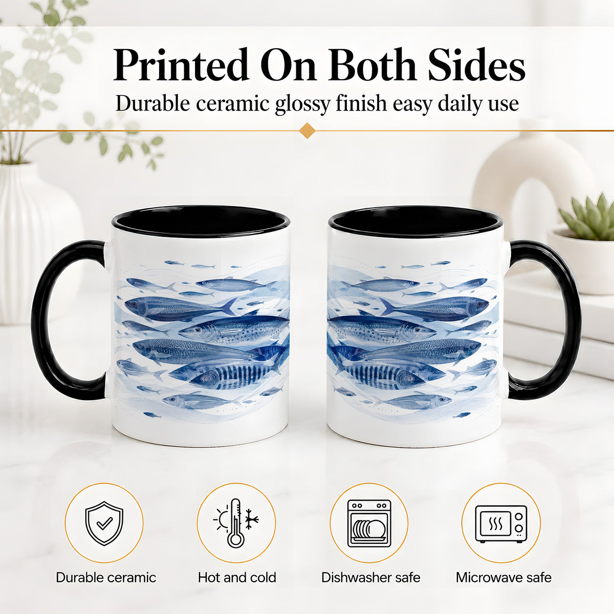 #pl[11oz|Black] Blue Fish Ceramic Mug, Minimal Watercolor Ocean Art for Fish Fans
