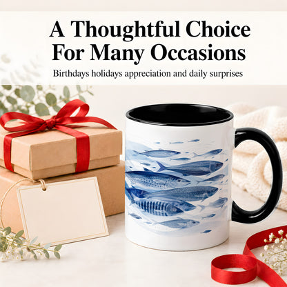 #pl[11oz|Black] Blue Fish Ceramic Mug, Minimal Watercolor Ocean Art for Fish Fans