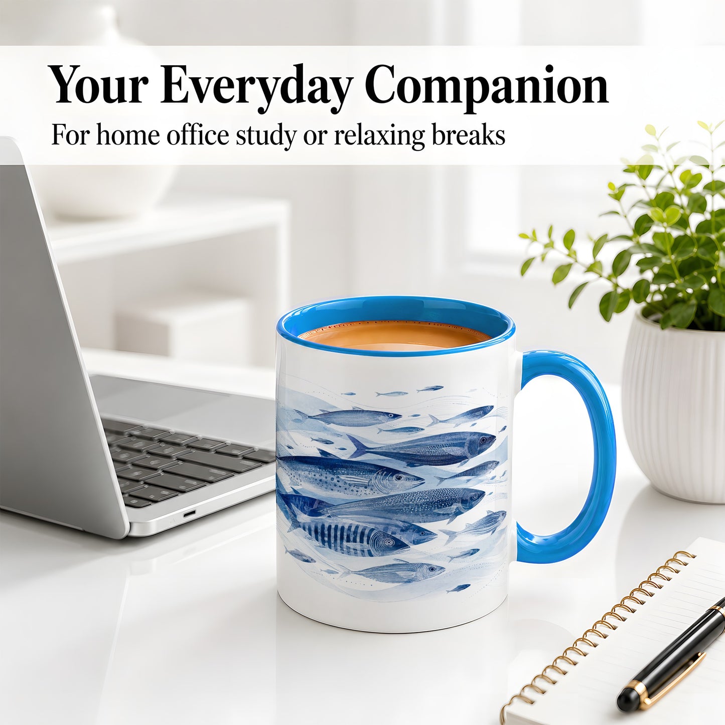 #pl[11oz|Blue] Blue Fish Ceramic Mug, Minimal Watercolor Ocean Art for Fish Fans