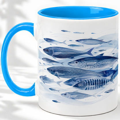 #pl[11oz|Blue] Blue Fish Ceramic Mug, Minimal Watercolor Ocean Art for Fish Fans