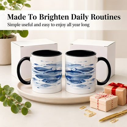 #pl[11oz|Black] Blue Fish Ceramic Mug, Minimal Watercolor Ocean Art for Fish Fans