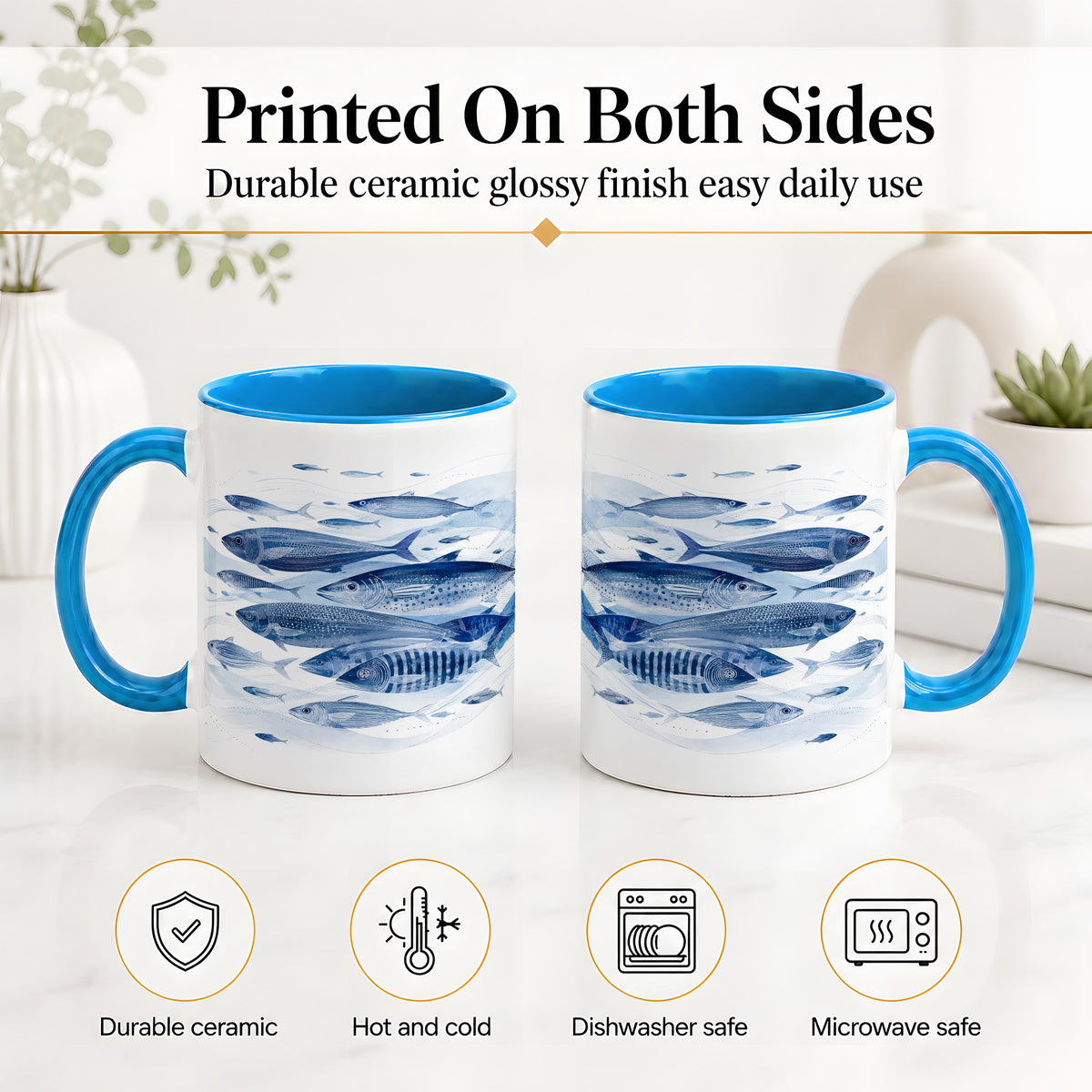 #pl[11oz|Blue] Blue Fish Ceramic Mug, Minimal Watercolor Ocean Art for Fish Fans