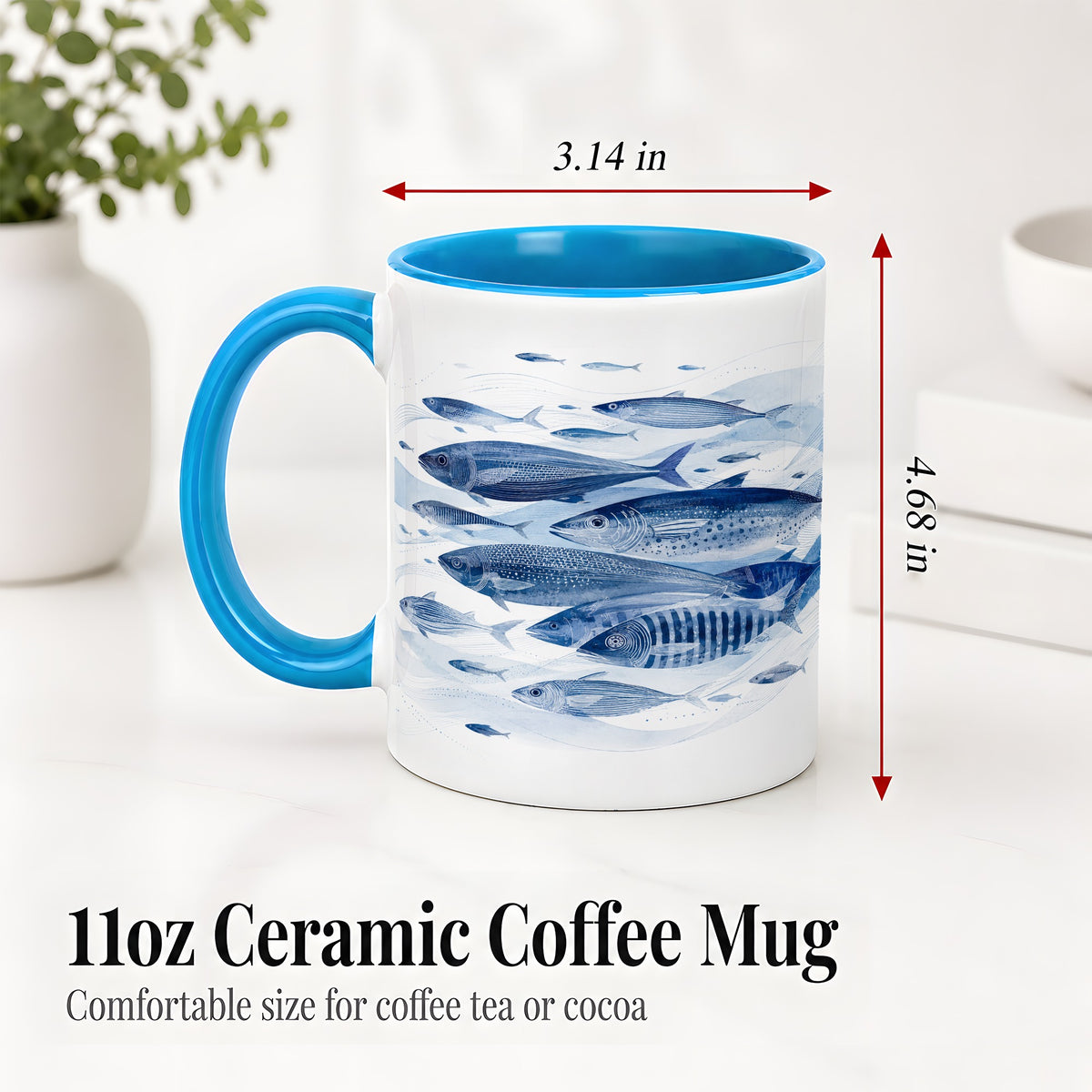 #pl[11oz|Blue] Blue Fish Ceramic Mug, Minimal Watercolor Ocean Art for Fish Fans