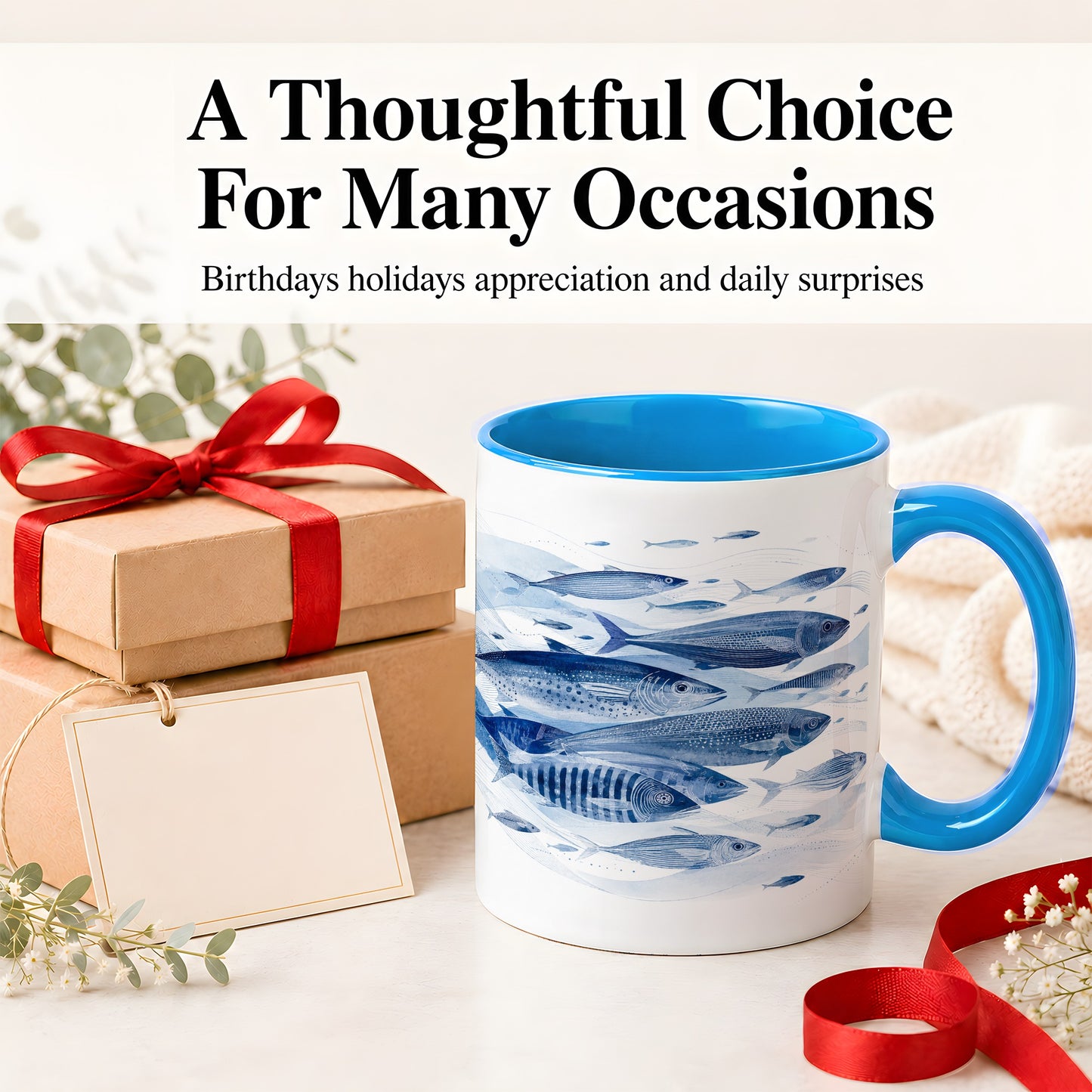 #pl[11oz|Blue] Blue Fish Ceramic Mug, Minimal Watercolor Ocean Art for Fish Fans
