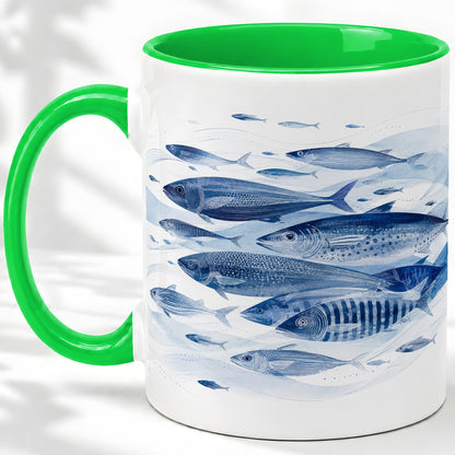 #pl[11oz|Green] Blue Fish Ceramic Mug, Minimal Watercolor Ocean Art for Fish Fans