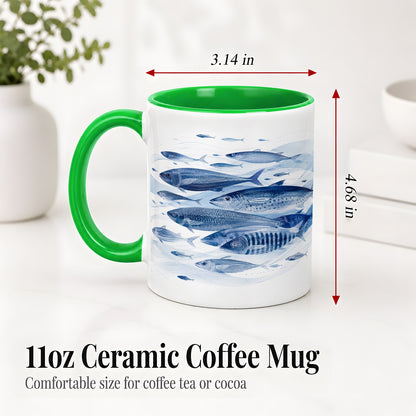 #pl[11oz|Green] Blue Fish Ceramic Mug, Minimal Watercolor Ocean Art for Fish Fans