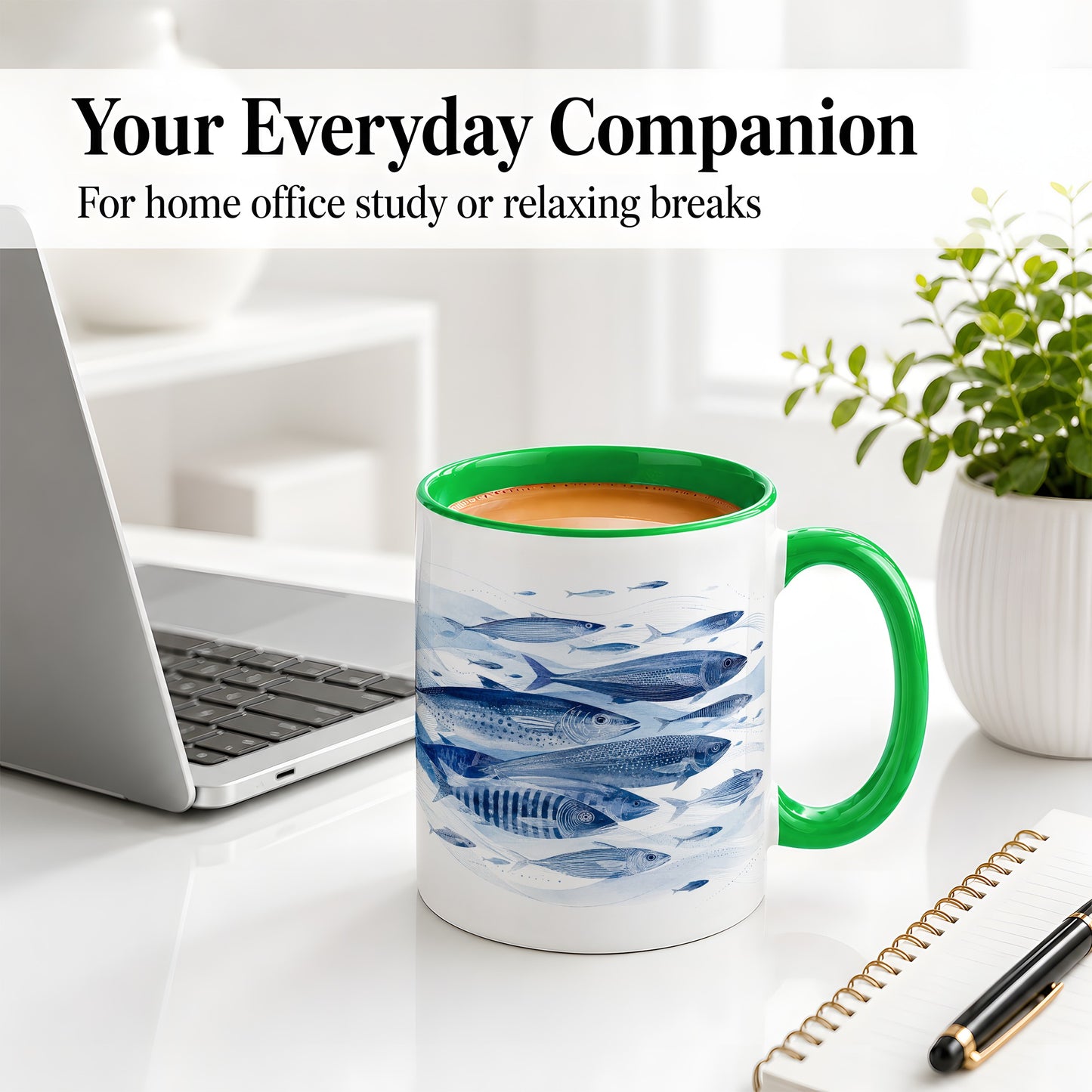 #pl[11oz|Green] Blue Fish Ceramic Mug, Minimal Watercolor Ocean Art for Fish Fans