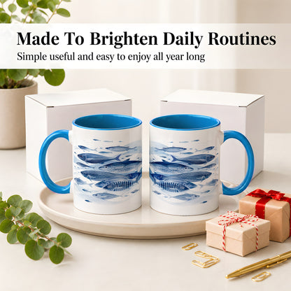 #pl[11oz|Blue] Blue Fish Ceramic Mug, Minimal Watercolor Ocean Art for Fish Fans