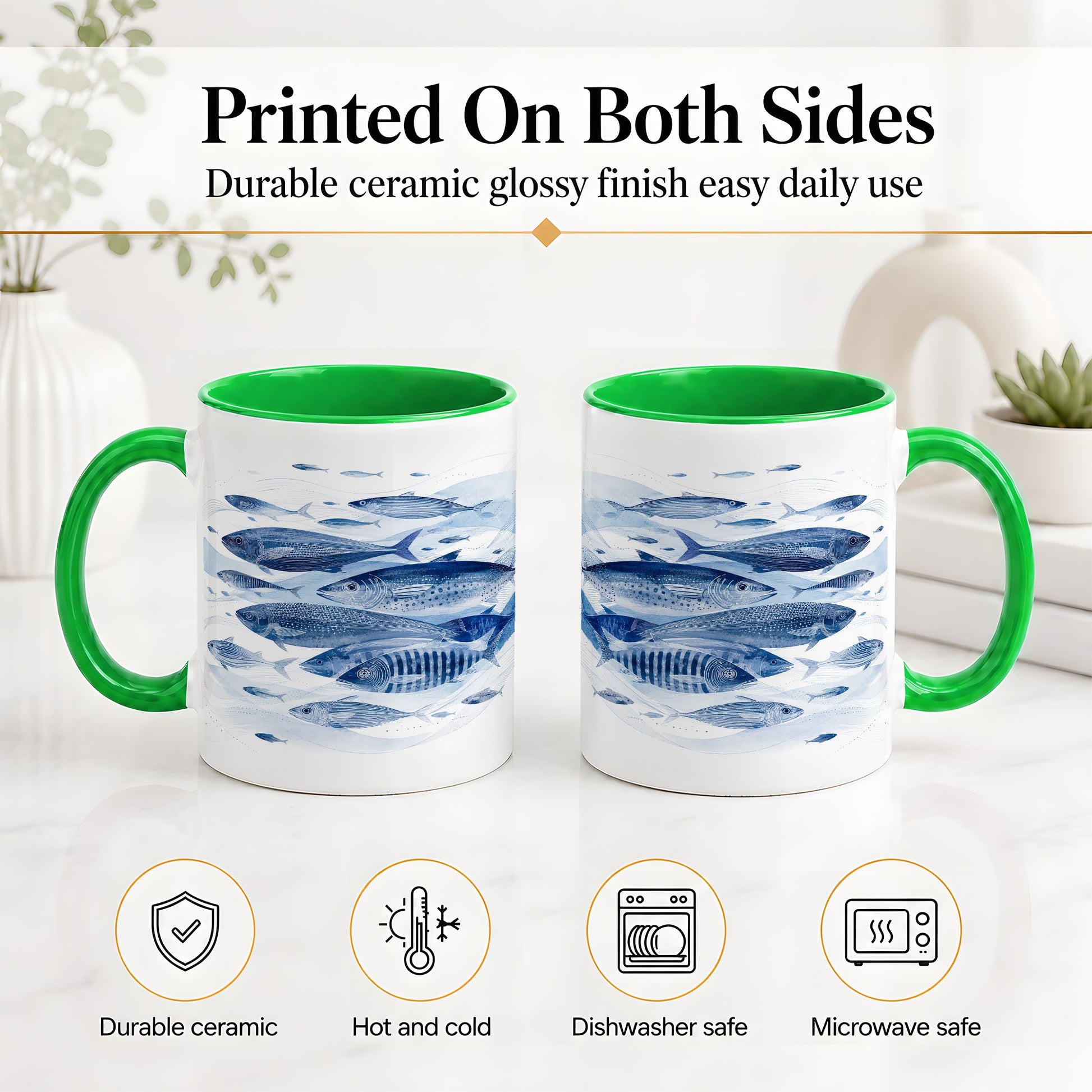 #pl[11oz|Green] Blue Fish Ceramic Mug, Minimal Watercolor Ocean Art for Fish Fans