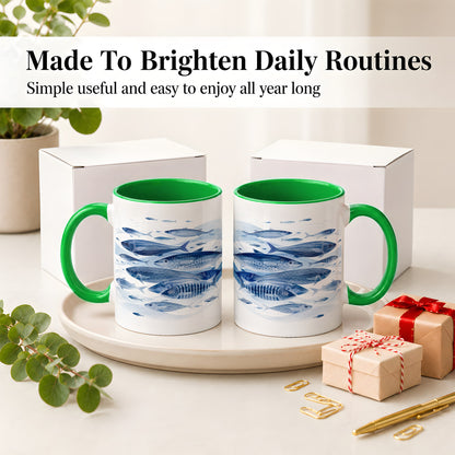 #pl[11oz|Green] Blue Fish Ceramic Mug, Minimal Watercolor Ocean Art for Fish Fans