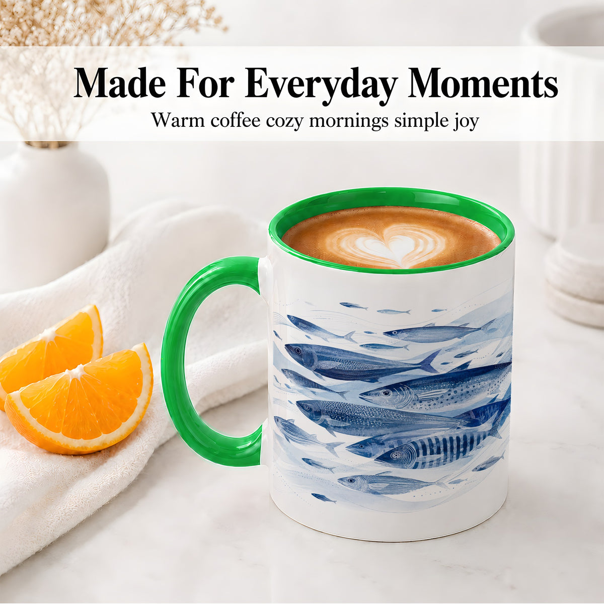 #pl[11oz|Green] Blue Fish Ceramic Mug, Minimal Watercolor Ocean Art for Fish Fans